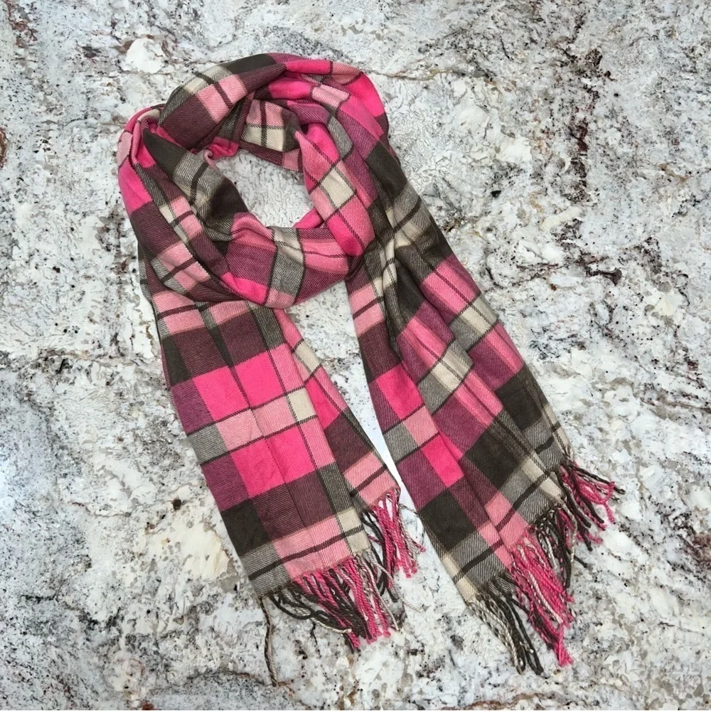 Gap Brown and Pink Very Soft Plaid Shawl Scarf With Fringe Hem - Picture 1 of 8